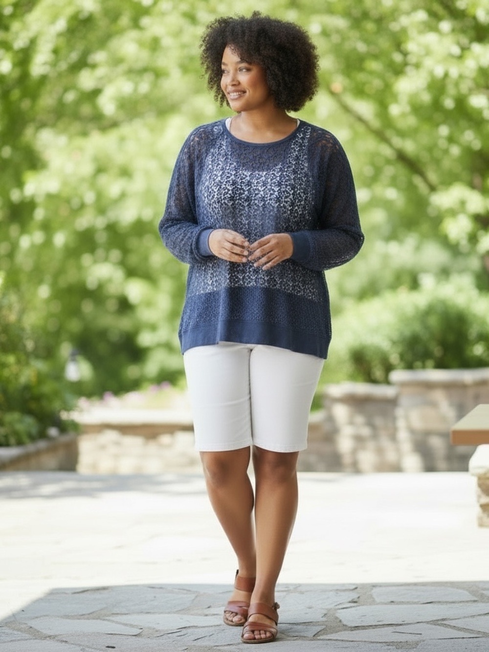 Chico's Plus Size Laser Cut Open Stitch Navy Pull-over Summer Top Size XL
